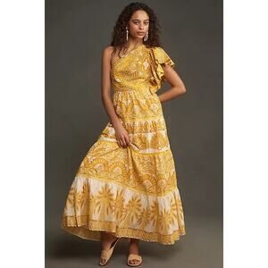 NEW Farm Rio Yellow Tapestry Ainika One Shoulder Maxi Dress Ruffle Tiered Medium